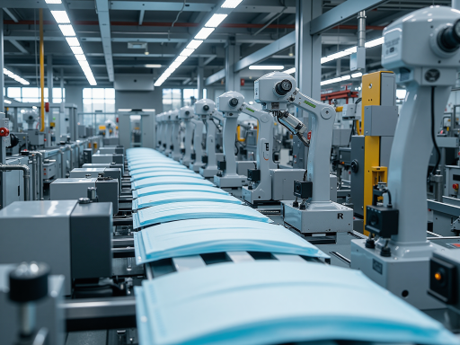 现代化滤清器生产线全景，工人正在操作设备，整洁明亮的车间环境，多台机器协同作业