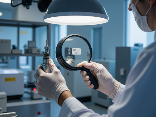 质检员使用精密仪器检测滤清器产品，实验室环境，各种检测设备整齐摆放